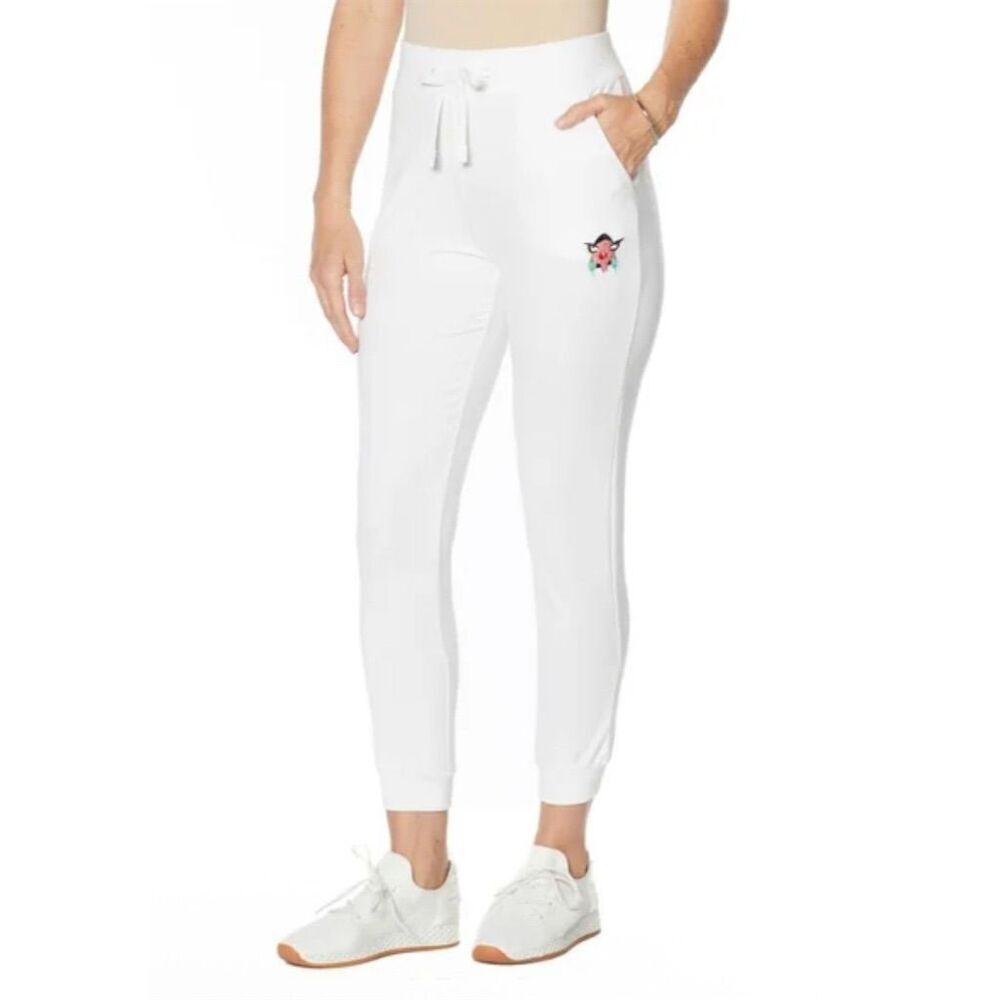Badgley Mischka Jogger Pants White Tapered M Embroidered Logo Cozy Comfy Soft